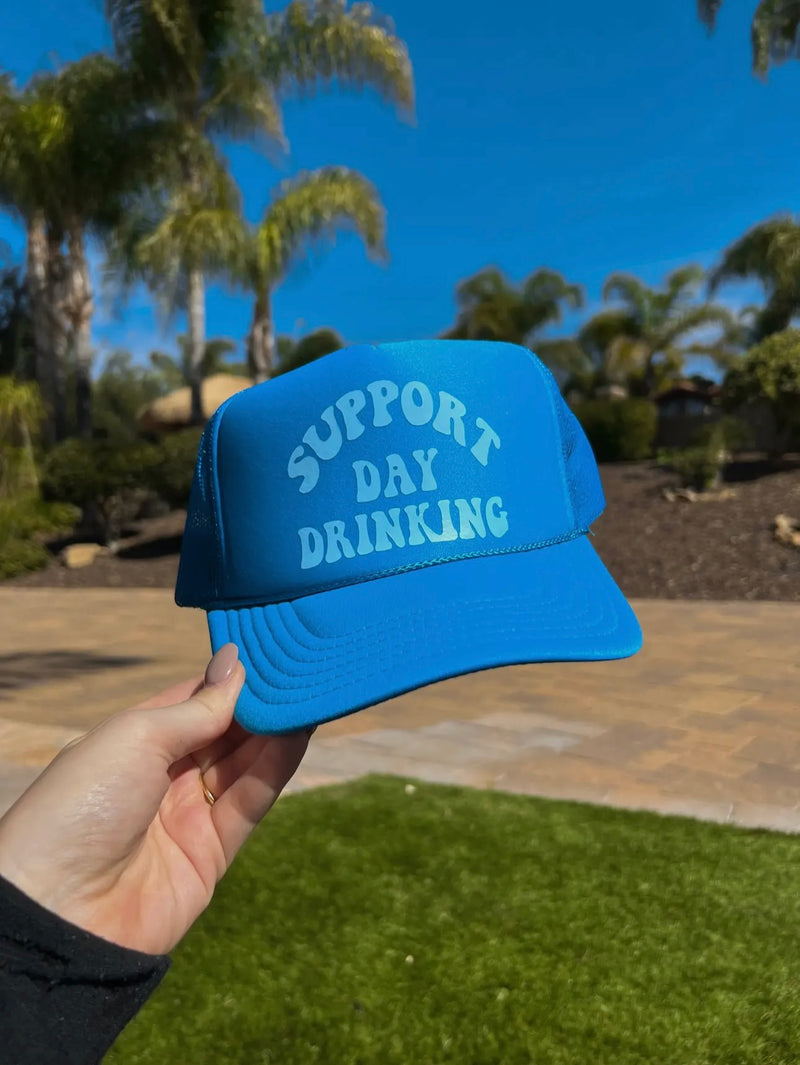 Support Day Drinking Blue Trucker Hat w/ Light Blue Text