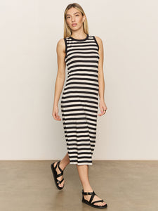 CONTRAST TRIM MAXI DRESS BLACK MACRAME STRIPE
