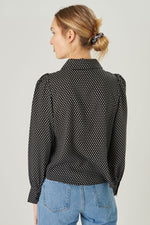 Dotted Blouse with Button Placket and Collar | Black