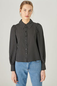 Dotted Blouse with Button Placket and Collar | Black