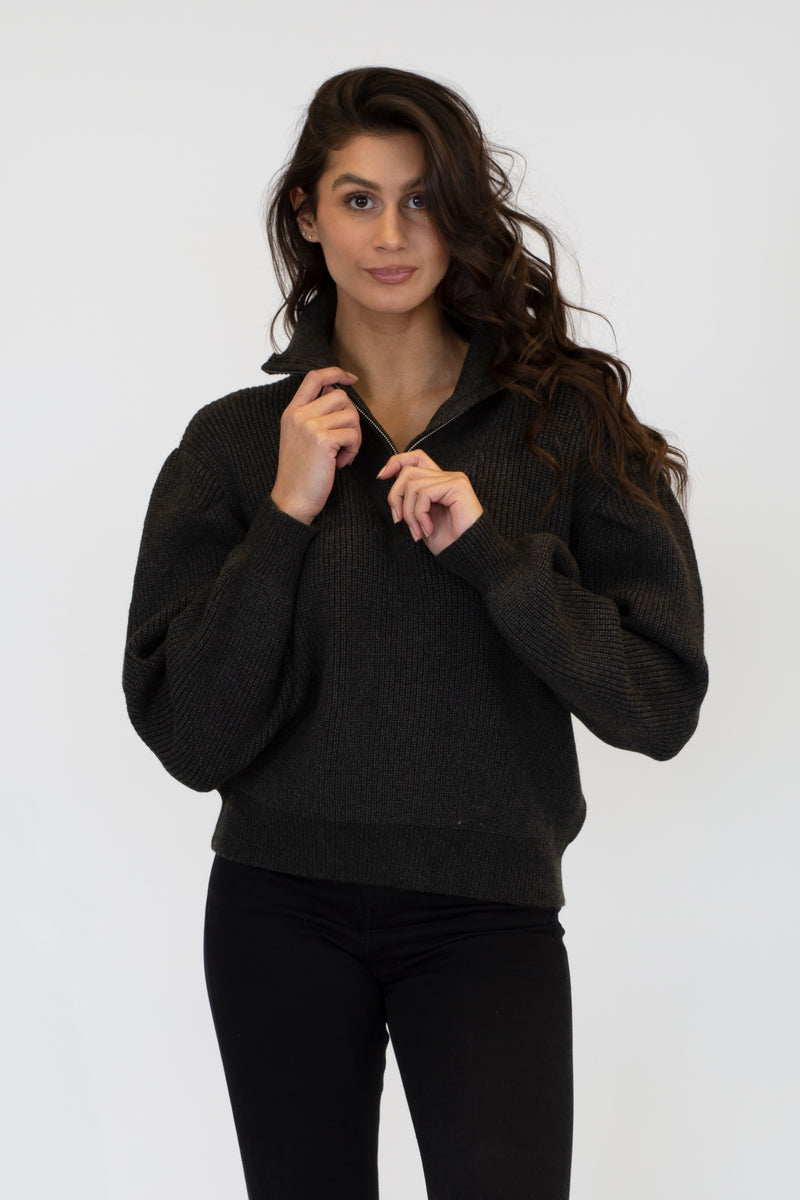 Callista Half Zip Front Sweater | Black Marl