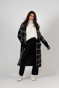 Jimmi Printed Long Coat w/ Pockets | Black w/ White Stitch