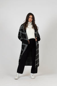 Jimmi Printed Long Coat w/ Pockets | Black w/ White Stitch