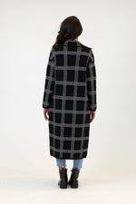 Jimmi Printed Long Coat w/ Pockets | Black w/ White Stitch