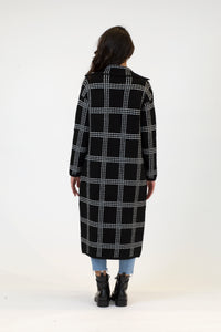 Jimmi Printed Long Coat w/ Pockets | Black w/ White Stitch