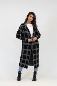 Jimmi Printed Long Coat w/ Pockets | Black w/ White Stitch