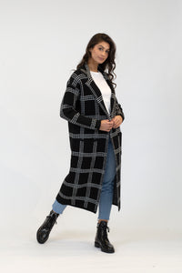 Jimmi Printed Long Coat w/ Pockets | Black w/ White Stitch