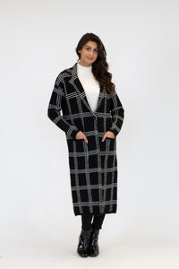 Jimmi Printed Long Coat w/ Pockets | Black w/ White Stitch