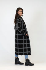 Jimmi Printed Long Coat w/ Pockets | Black w/ White Stitch