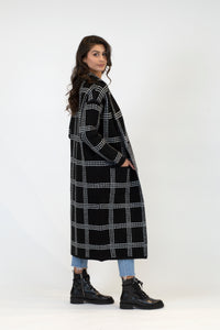 Jimmi Printed Long Coat w/ Pockets | Black w/ White Stitch