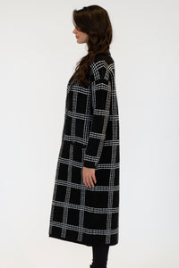 Jimmi Printed Long Coat w/ Pockets | Black w/ White Stitch