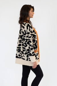 Leo Animal Print Cardigan w/ Contrast | Leopard + Rust