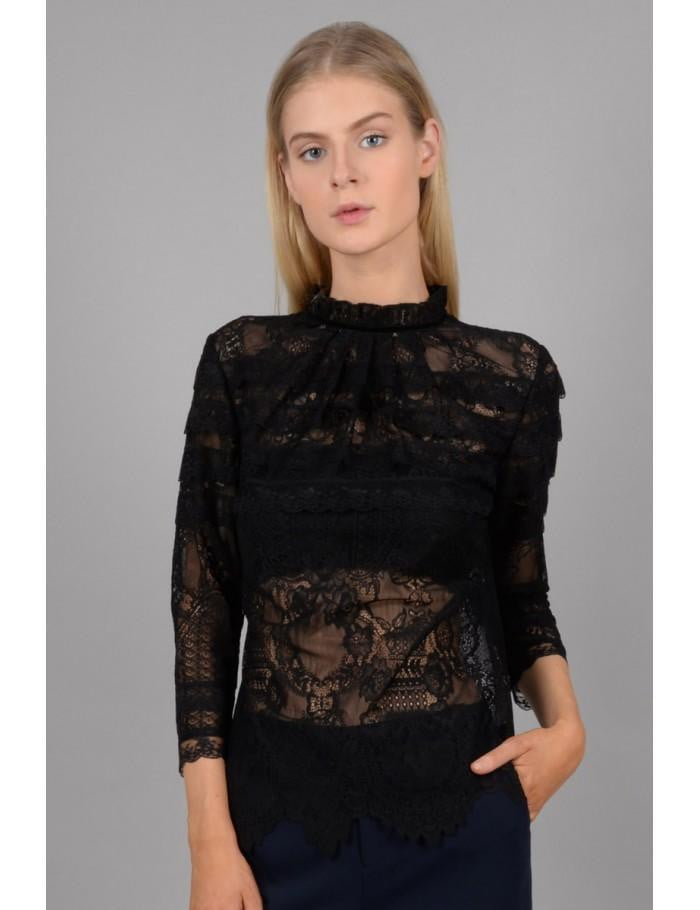 Lace Top with Pleats | Black