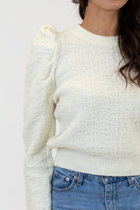 Scotty Textured Sweater w/ Puff Sleeve | White