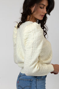 Scotty Textured Sweater w/ Puff Sleeve | White