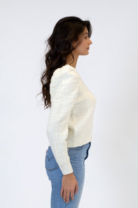 Scotty Textured Sweater w/ Puff Sleeve | White