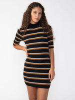 Mock Neck Easy Rib Dress | Black/Spice Stripe